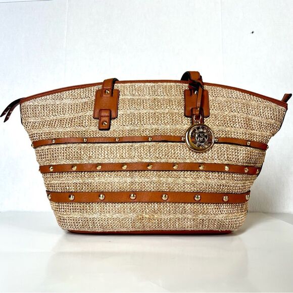 Jessica Simpson Lacey Straw Faux Leather Boho Beachy Tote Bag In Natural - Picture 2 of 14